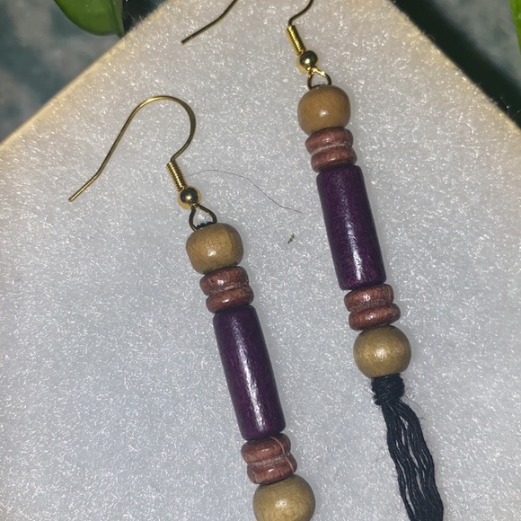Purple theme Hand Crafted Macrame Tassel Fringe Earrings Wood Beaded Accents - Picture 8 of 11